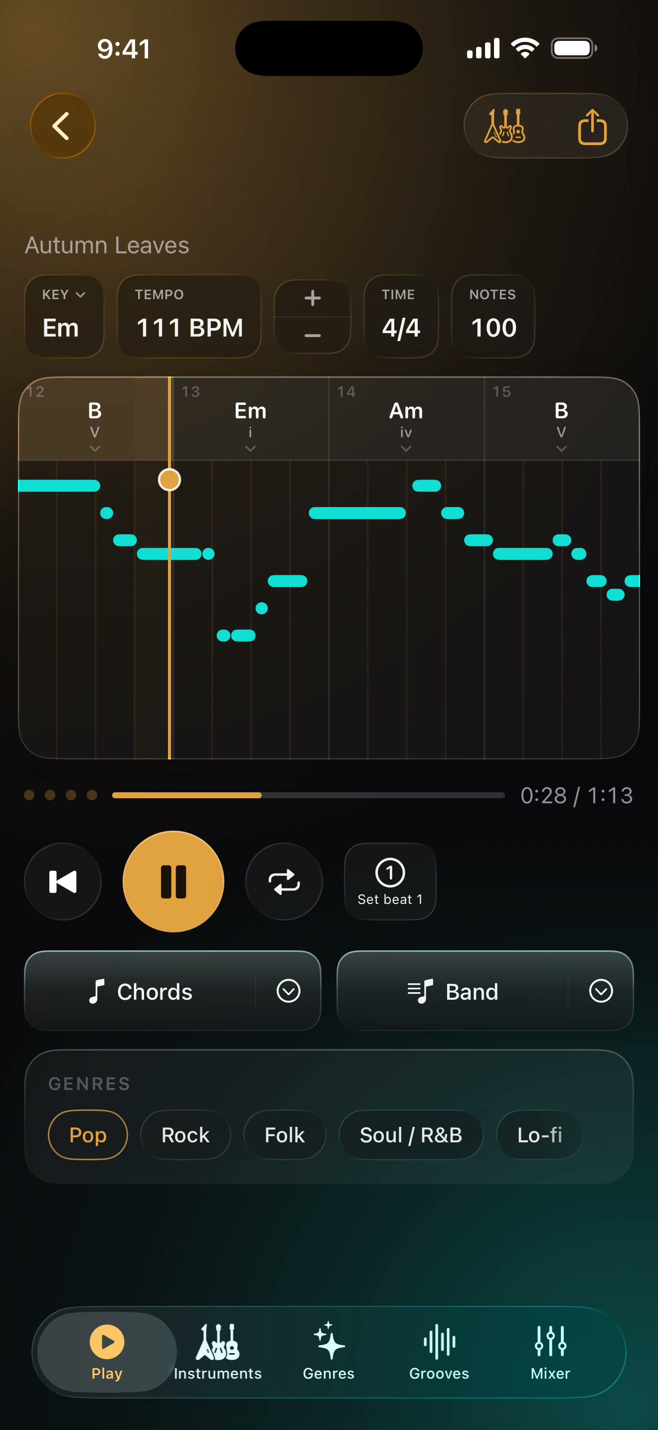 The play screen mid-playback: Autumn Leaves in E minor at 111 BPM, the melody drawn as teal note blocks with Em, Am and B labelled above the timeline and the amber playhead partway through the bar.