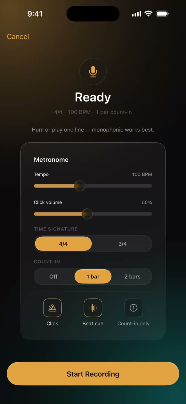 The record screen mid-take: the count-in reading “Get ready…” over 4/4 at 100 BPM, four bars drawn below it, and Stop & Analyze at the foot of the screen.